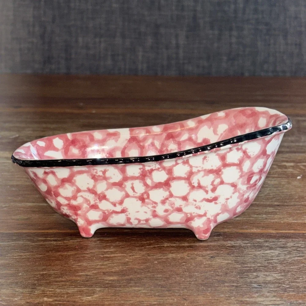 Vintage ENESCO IMPORTS JAPAN Ceramic BATHTUB Pink/White SPONGEWARE Soap Dish
